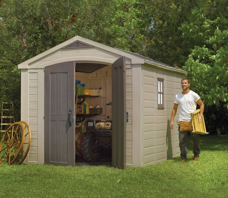 Casetta da Giardino Beige Nero Resistente Agli Agenti Atmosferici Presenza Finestre 256x332x243h cm, Tetto a due Falde - Weyburn