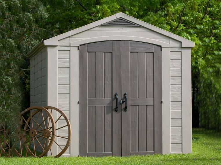 Casetta da Giardino Beige Nero Resistente Agli Agenti Atmosferici Presenza Finestre 256x332x243h cm, Tetto a due Falde - Weyburn