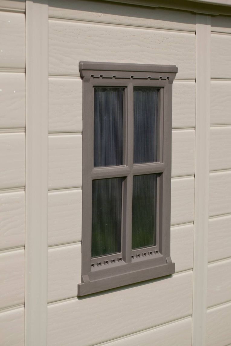 Casetta da Giardino Beige Nero Resistente Agli Agenti Atmosferici Presenza Finestre 257x182x243h cm, Tetto a due Falde - Vandalia