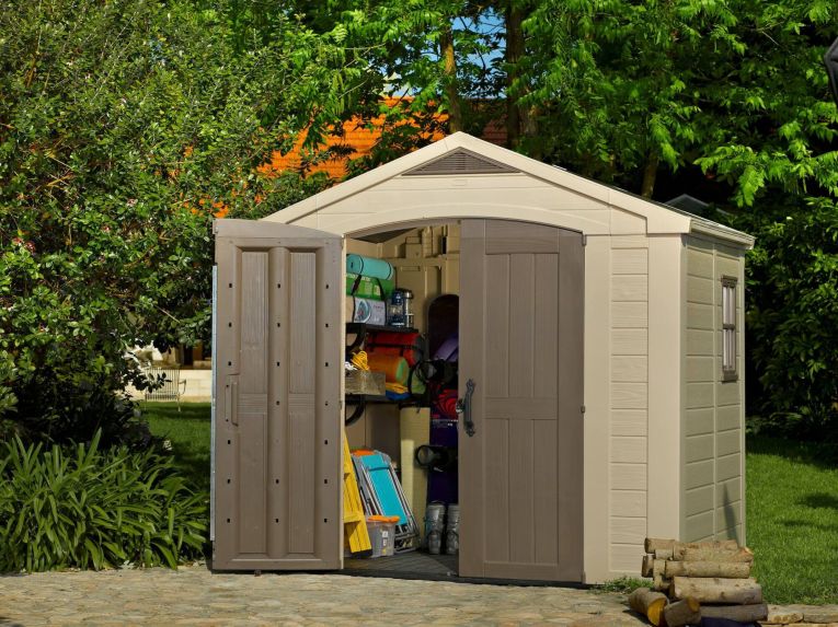Casetta da Giardino Beige Nero Resistente Agli Agenti Atmosferici Presenza Finestre 257x182x243h cm, Tetto a due Falde - Vandalia