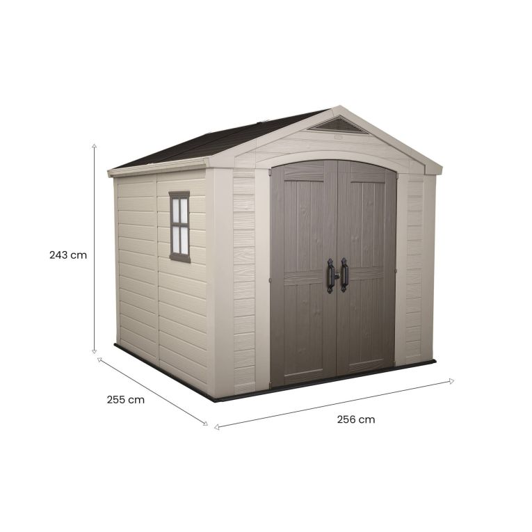 Casetta da Giardino Beige Nero Resistente Agli Agenti Atmosferici Presenza Finestre 257x255x243h cm, Tetto a due Falde - Traverse