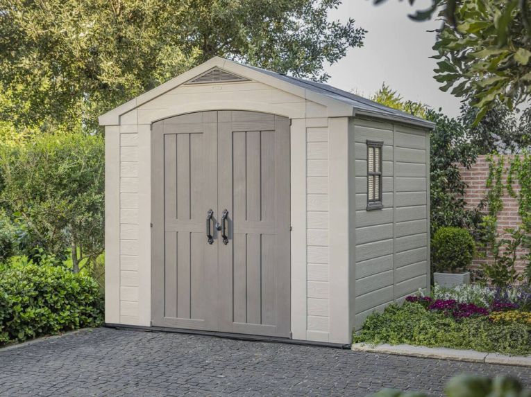 Casetta da Giardino Beige Nero Resistente Agli Agenti Atmosferici Presenza Finestre 257x255x243h cm, Tetto a due Falde - Traverse