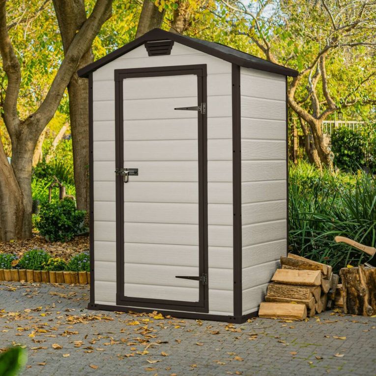 Casetta da Giardino Beige Nero Resistente Agli Agenti Atmosferici Tetto a due Falde 129x103x196h cm, Materiale Tetto in Plastica - Stormlake