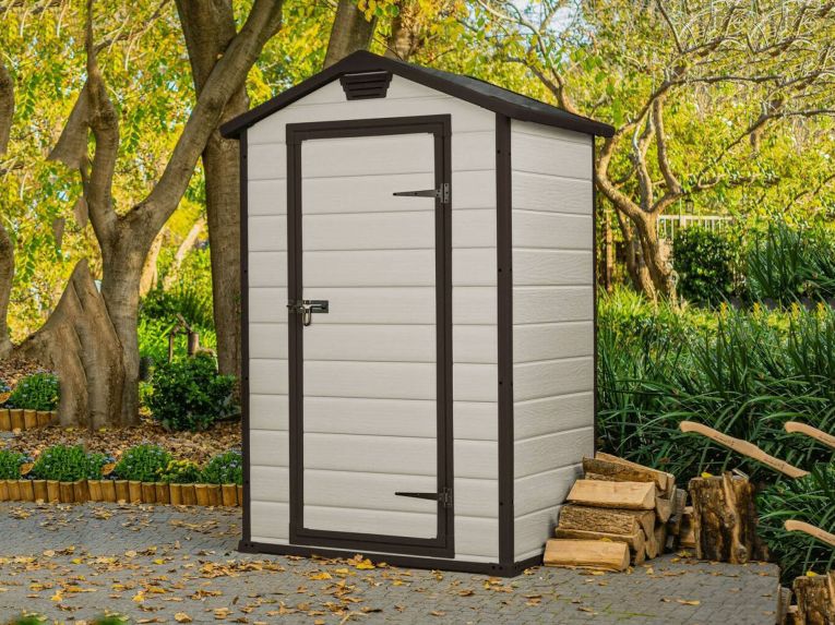 Casetta da Giardino Beige Nero Resistente Agli Agenti Atmosferici Tetto a due Falde 129x103x196h cm, Materiale Tetto in Plastica - Stormlake