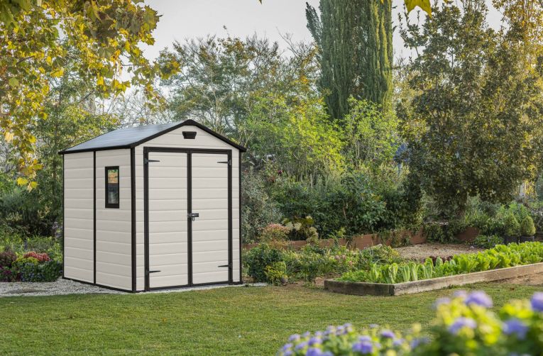 Casetta da giardino Galliate, Capanno da esterno, Rimessa da giardino, Ripostiglio per attrezzi, 186x237 h227 cm, Beige