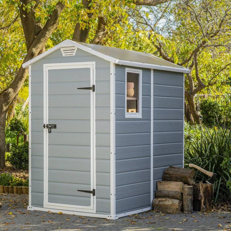 Casetta da Giardino Grigio Bianco Resistente Agli Agenti Atmosferici Presenza Finestre 130x192x198h cm, Tetto a due Falde - Stillman