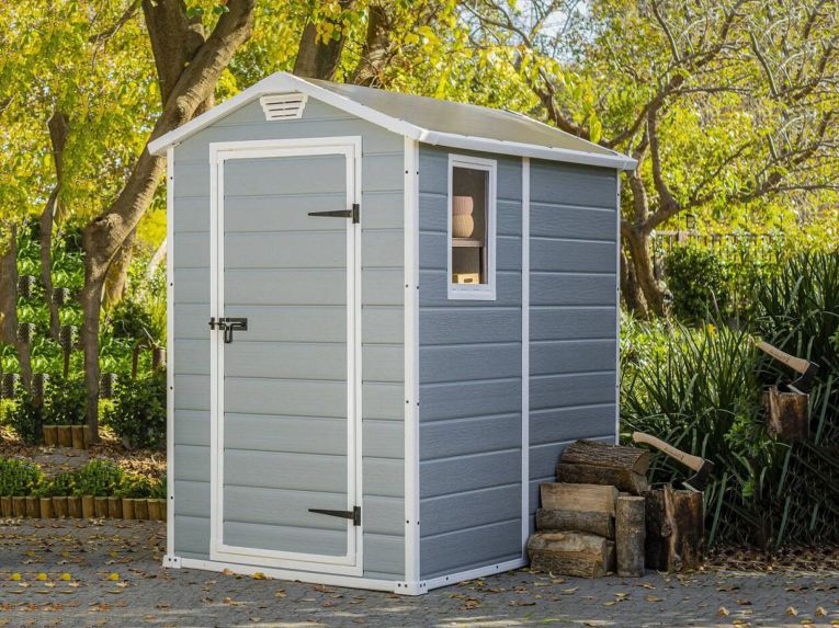 Casetta da Giardino Grigio Bianco Resistente Agli Agenti Atmosferici Presenza Finestre 130x192x198h cm, Tetto a due Falde - Stillman