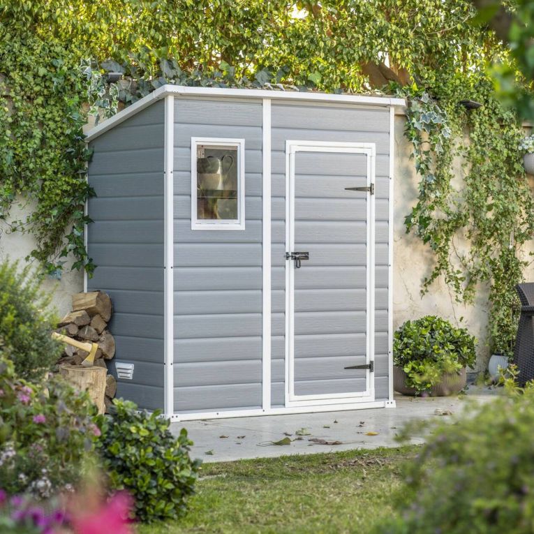 Casetta da Giardino Grigio Bianco Resistente Agli Agenti Atmosferici Presenza Finestre 184x111x201h cm, Tetto a due Falde - Tiffin