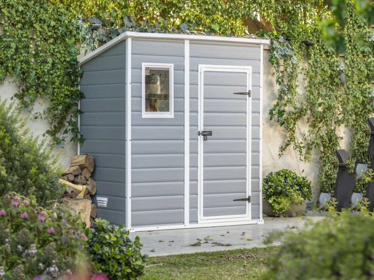 Casetta da Giardino Grigio Bianco Resistente Agli Agenti Atmosferici Presenza Finestre 184x111x201h cm, Tetto a due Falde - Tiffin