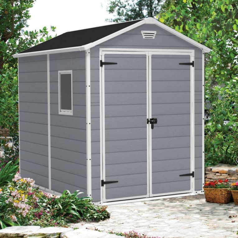 Casetta da Giardino Grigio Bianco Resistente Agli Agenti Atmosferici Presenza Finestre 186x237x227h cm, Tetto a due Falde - Wadena