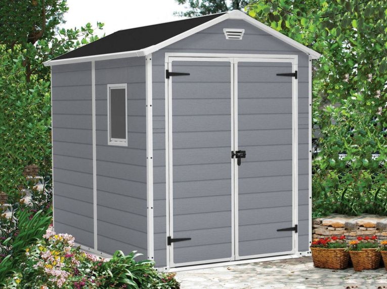 Casetta da Giardino Grigio Bianco Resistente Agli Agenti Atmosferici Presenza Finestre 186x237x227h cm, Tetto a due Falde - Wadena