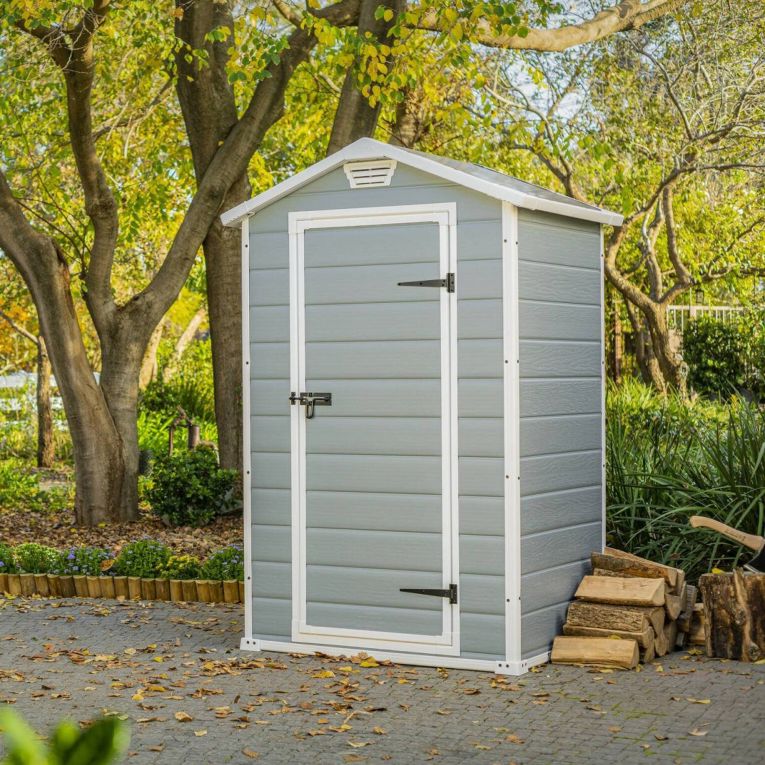 Casetta da Giardino Grigio Bianco Resistente Agli Agenti Atmosferici Tetto a due Falde 129x103x196h cm, Materiale Tetto in Plastica - Stormlake