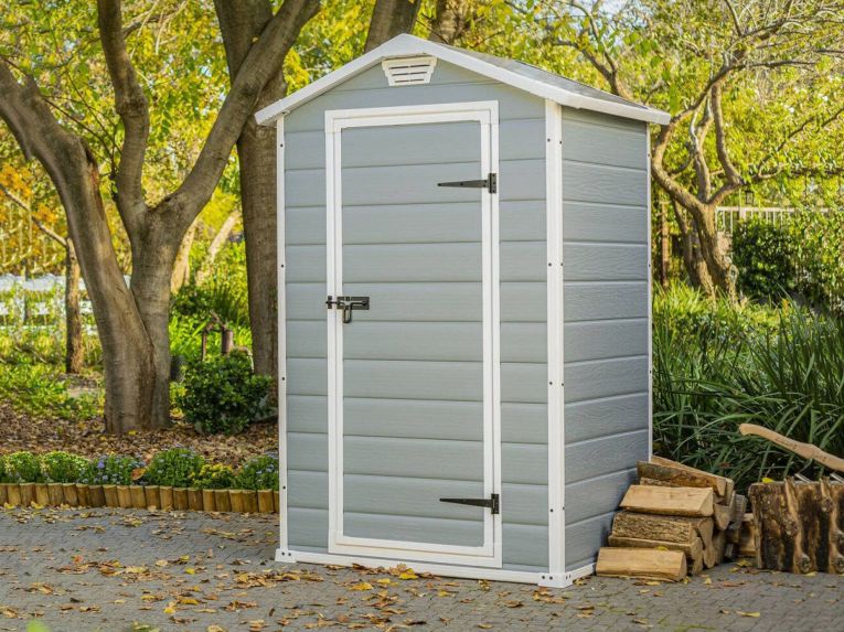 Casetta da Giardino Grigio Bianco Resistente Agli Agenti Atmosferici Tetto a due Falde 129x103x196h cm, Materiale Tetto in Plastica - Stormlake