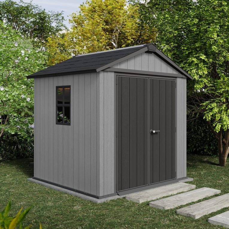 Casetta da Giardino Grigio Nero Lucchettabile, Finitura in Resina Presenza Finestre 230x224x246h cm, Tetto a due Falde - Oneonta
