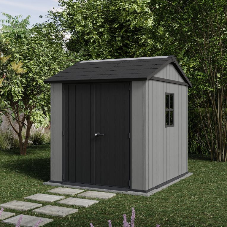 Casetta da Giardino Grigio Nero Lucchettabile, Finitura in Resina Presenza Finestre 230x224x246h cm, Tetto a due Falde - Oneonta