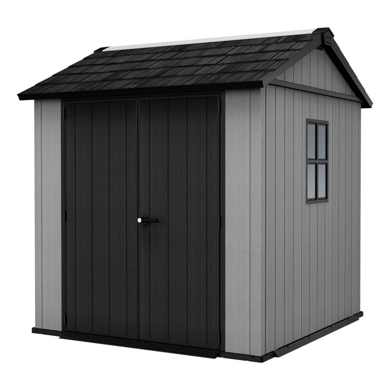 Casetta da Giardino Grigio Nero Lucchettabile, Finitura in Resina Presenza Finestre 230x224x246h cm, Tetto a due Falde - Oneonta
