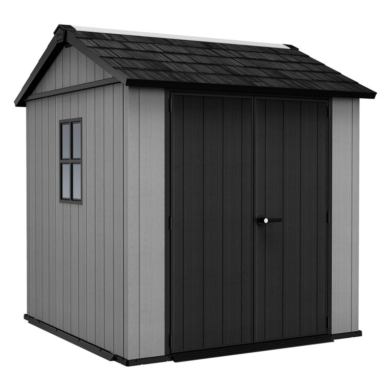 Casetta da Giardino Grigio Nero Lucchettabile, Finitura in Resina Presenza Finestre 230x224x246h cm, Tetto a due Falde - Oneonta