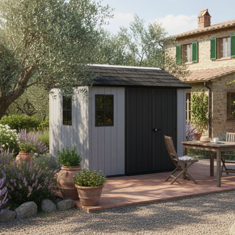 Casetta da Giardino Grigio Nero Lucchettabile, Finitura in Resina Presenza Finestre 230x287x246h cm, Tetto a due Falde - Perham