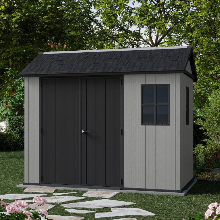 Casetta da Giardino Grigio Nero Lucchettabile, Finitura in Resina Presenza Finestre 230x287x246h cm, Tetto a due Falde - Perham