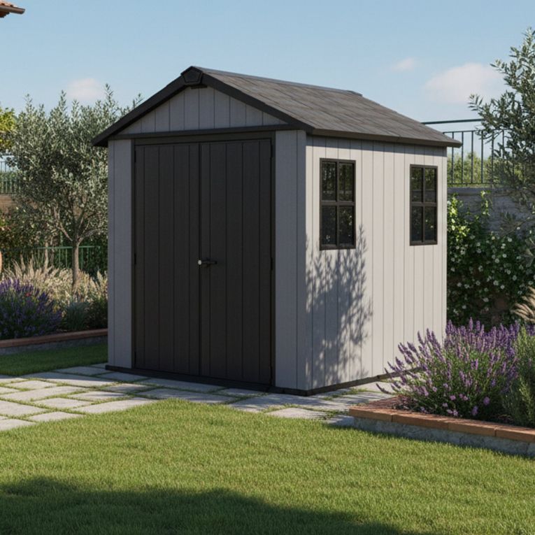 Casetta da Giardino Grigio Nero Lucchettabile, Finitura in Resina Presenza Finestre 230x287x246h cm, Tetto a due Falde - Perham
