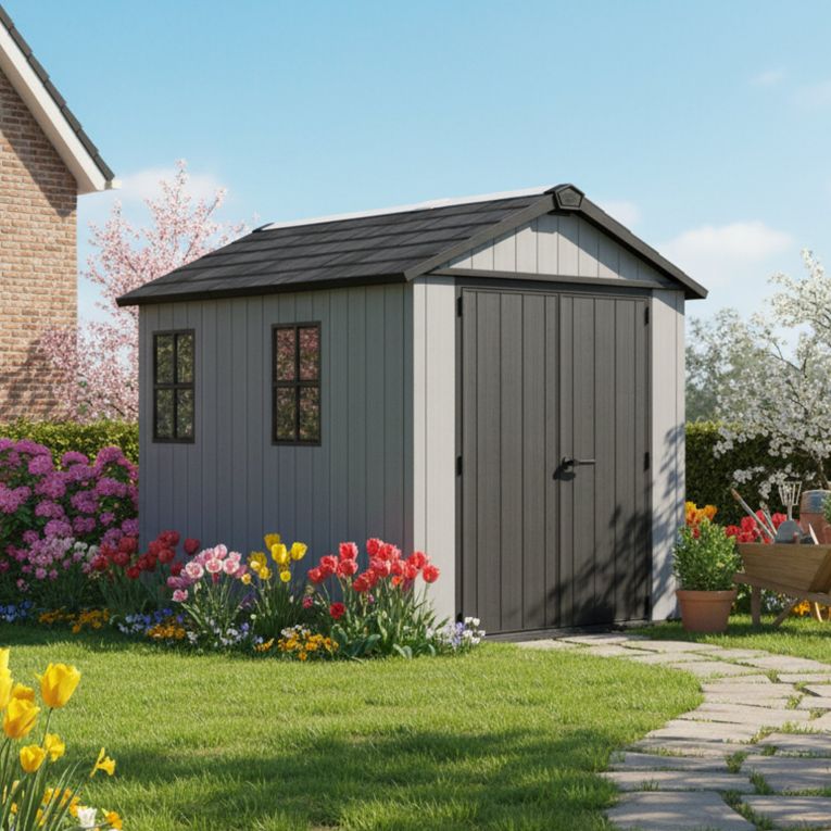 Casetta da Giardino Grigio Nero Lucchettabile, Finitura in Resina Presenza Finestre 230x287x246h cm, Tetto a due Falde - Perham