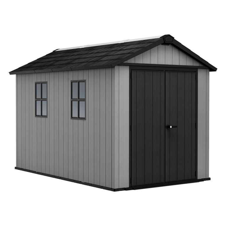 Casetta da Giardino Grigio Nero Lucchettabile, Finitura in Resina Presenza Finestre 230x350x246h cm, Tetto a due Falde - Rockport