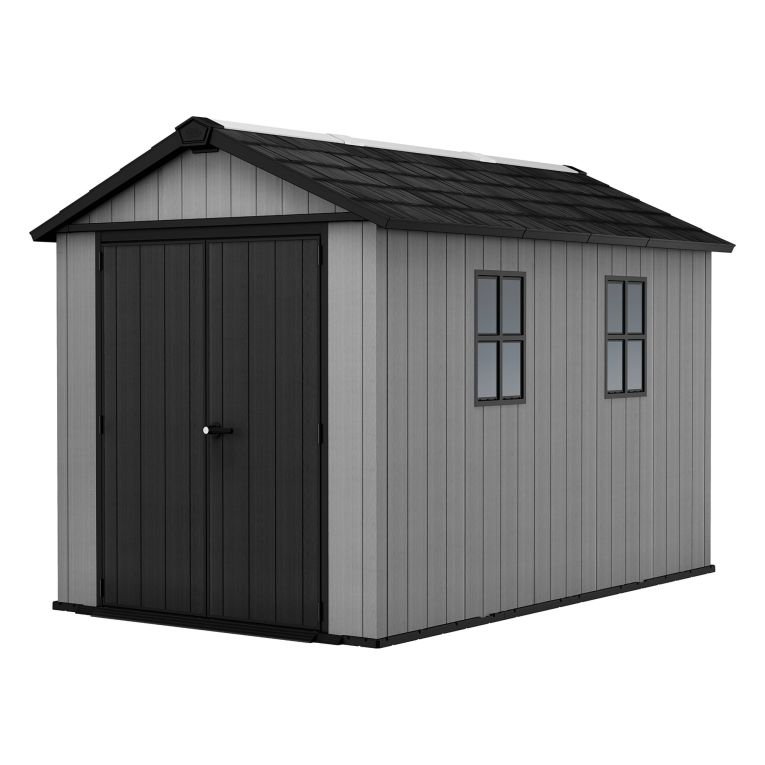 Casetta da Giardino Grigio Nero Lucchettabile, Finitura in Resina Presenza Finestre 230x350x246h cm, Tetto a due Falde - Rockport