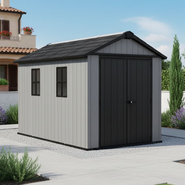 Casetta da Giardino Grigio Nero Lucchettabile, Finitura in Resina Presenza Finestre 230x350x246h cm, Tetto a due Falde - Rockport