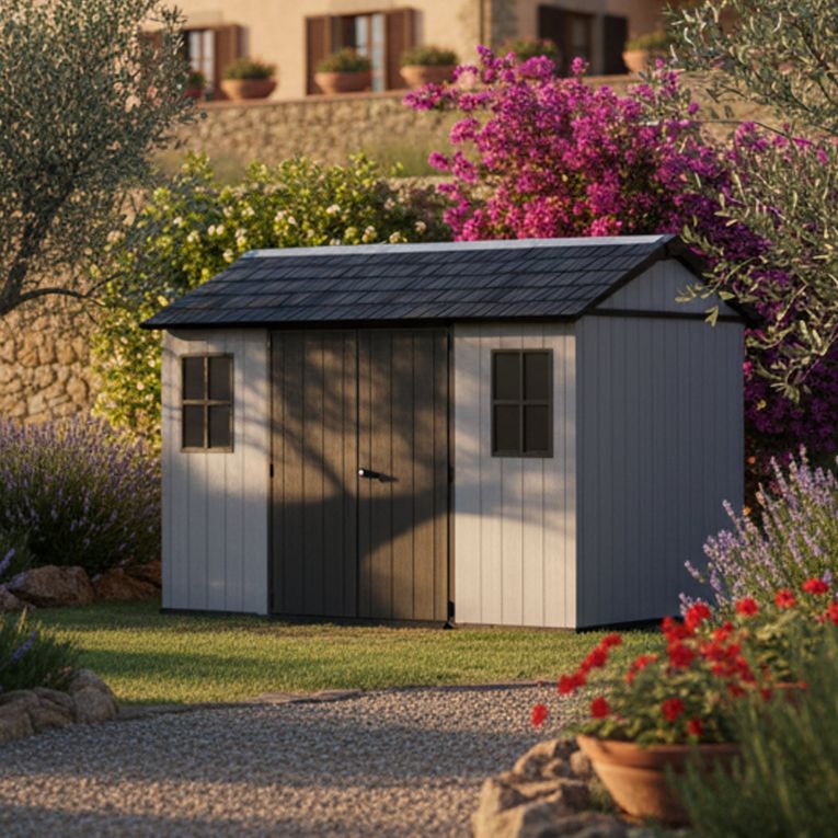 Casetta da Giardino Grigio Nero Lucchettabile, Finitura in Resina Presenza Finestre 230x350x246h cm, Tetto a due Falde - Rockport