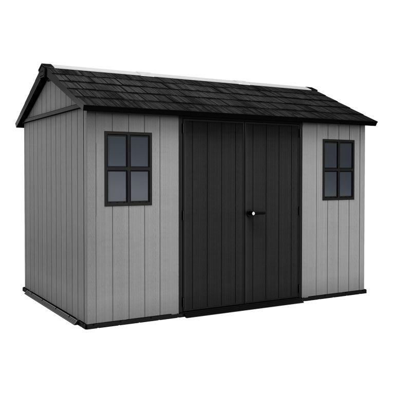 Casetta da Giardino Grigio Nero Lucchettabile, Finitura in Resina Presenza Finestre 230x350x246h cm, Tetto a due Falde - Rockport