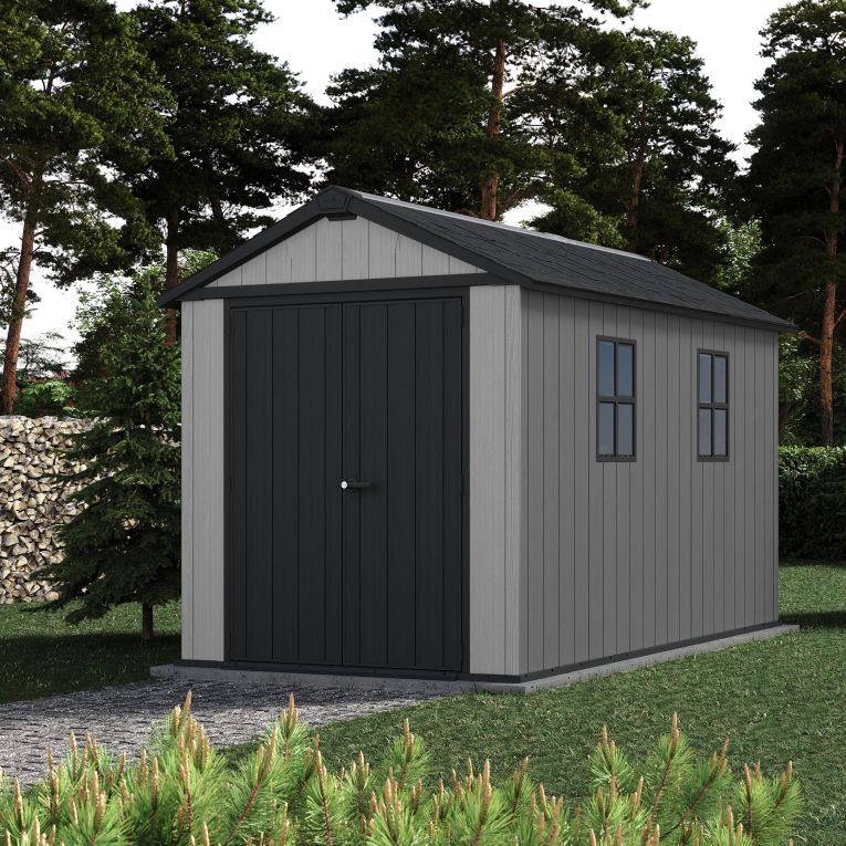 Casetta da Giardino Grigio Nero Lucchettabile, Finitura in Resina Presenza Finestre 230x350x246h cm, Tetto a due Falde - Rockport