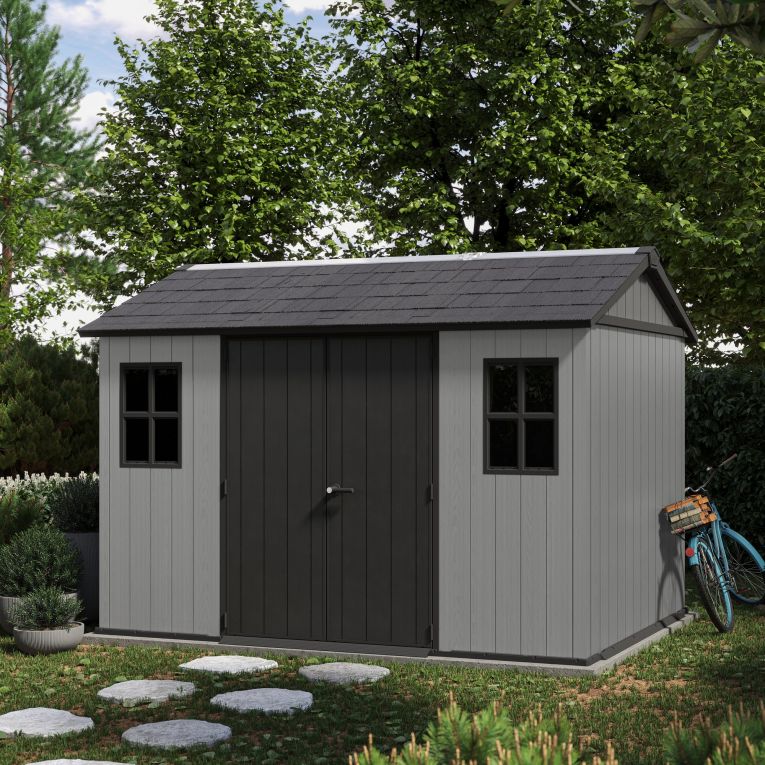 Casetta da Giardino Grigio Nero Lucchettabile, Finitura in Resina Presenza Finestre 230x350x246h cm, Tetto a due Falde - Rockport