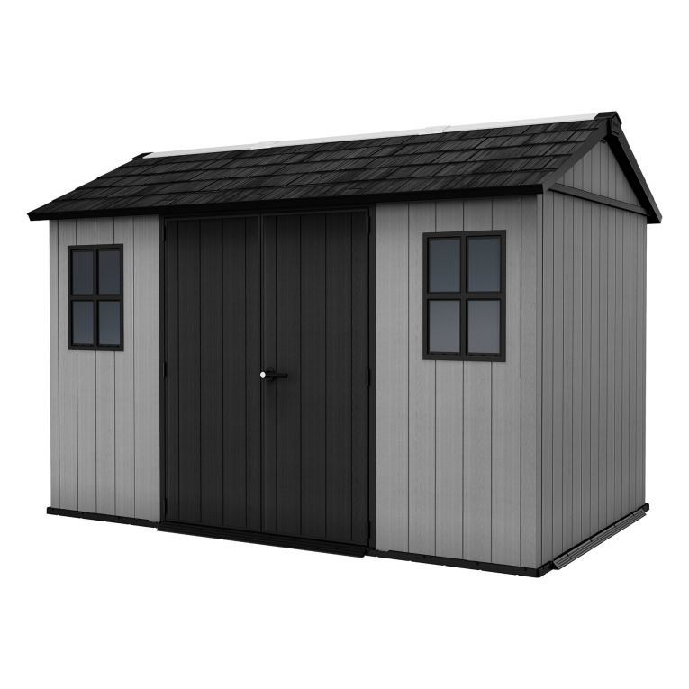 Casetta da Giardino Grigio Nero Lucchettabile, Finitura in Resina Presenza Finestre 230x350x246h cm, Tetto a due Falde - Rockport