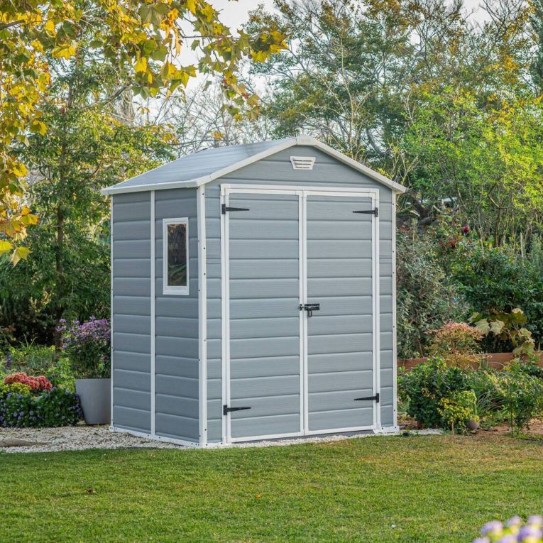 Casetta da Giardino Grigio Nero Resistente Agli Agenti Atmosferici Presenza Finestre 185x152x226h cm, Tetto a due Falde - Sheboygan