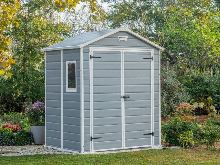 Casetta da Giardino Grigio Nero Resistente Agli Agenti Atmosferici Presenza Finestre 185x152x226h cm, Tetto a due Falde - Sheboygan
