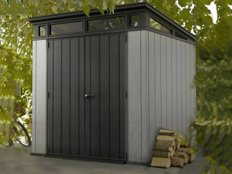 Casetta da Giardino Grigio Nero Resistente Agli Agenti Atmosferici Presenza Finestre 214x218x226h cm, Tetto Piano - Summit