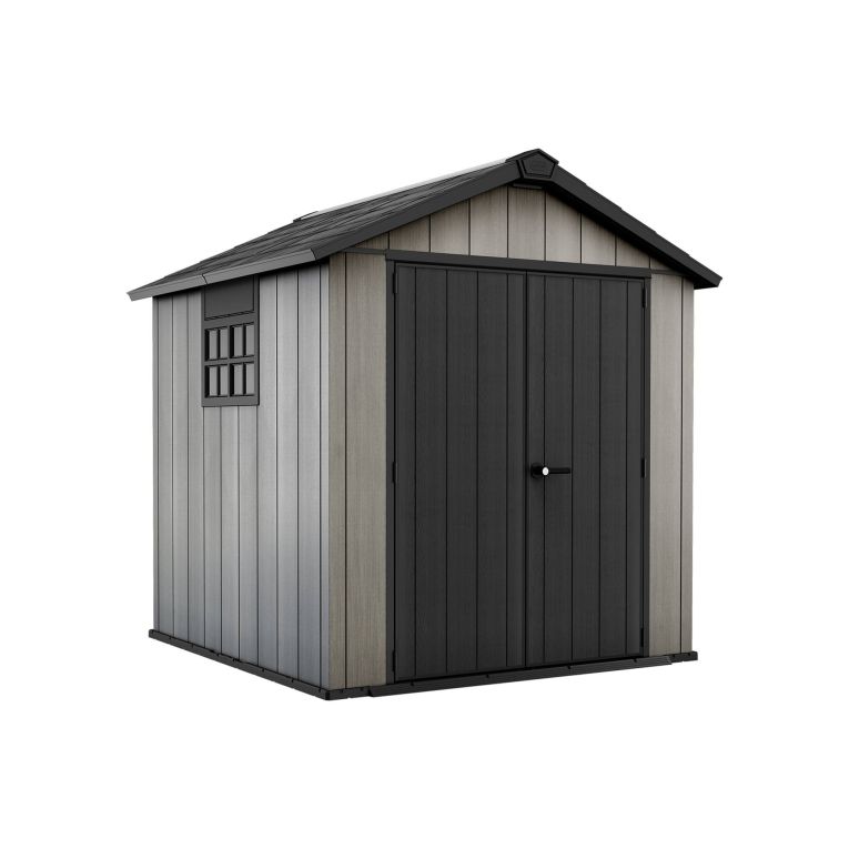 Casetta da Giardino Grigio Nero Resistente Agli Agenti Atmosferici Presenza Finestre 229x224x242h cm, Tetto a due Falde - Sunbury