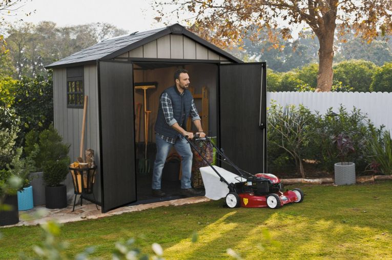 Casetta da Giardino Grigio Nero Resistente Agli Agenti Atmosferici Presenza Finestre 229x224x242h cm, Tetto a due Falde - Sunbury
