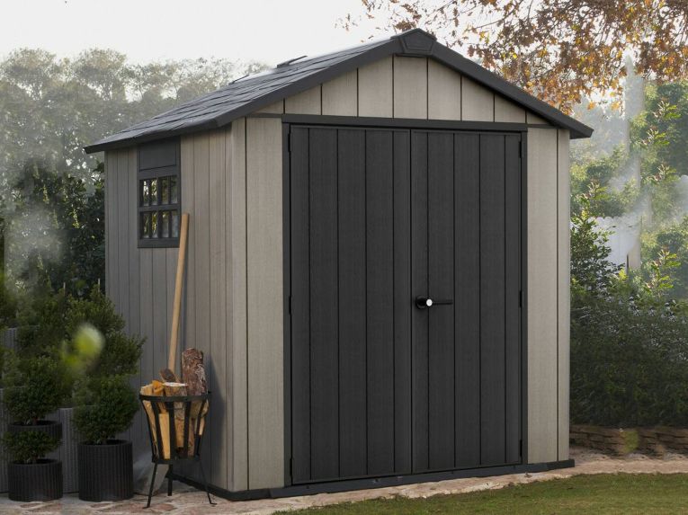 Casetta da Giardino Grigio Nero Resistente Agli Agenti Atmosferici Presenza Finestre 229x224x242h cm, Tetto a due Falde - Sunbury