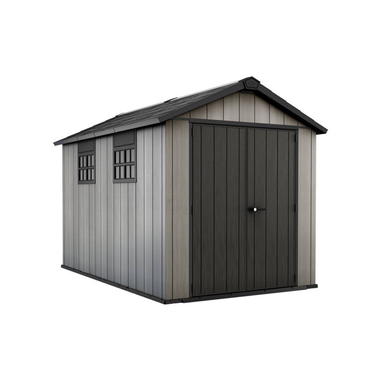 Casetta da Giardino Grigio Nero Resistente Agli Agenti Atmosferici Presenza Finestre 230x350x242h cm, Tetto a due Falde - Zanesville