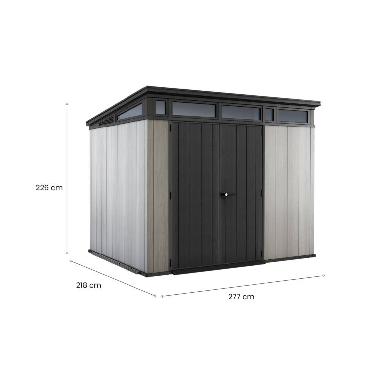 Casetta da Giardino Grigio Nero Resistente Agli Agenti Atmosferici Presenza Finestre 277x218x226h cm, Tetto a due Falde - Whitehall
