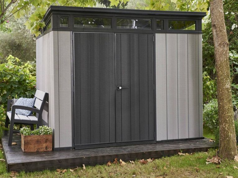 Casetta da Giardino Grigio Nero Resistente Agli Agenti Atmosferici Presenza Finestre 277x218x226h cm, Tetto a due Falde - Whitehall