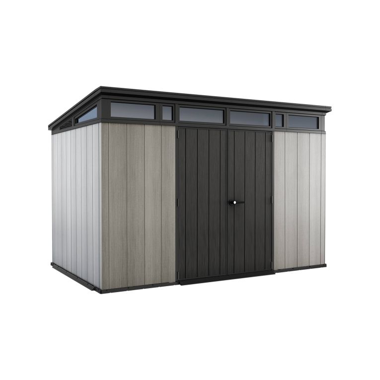 Casetta da Giardino Grigio Nero Resistente Agli Agenti Atmosferici Presenza Finestre 342x218x226h cm, Tetto Piano - Cobourg