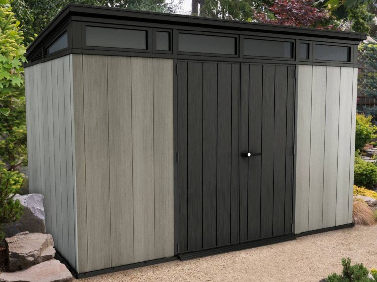 Casetta da Giardino Grigio Nero Resistente Agli Agenti Atmosferici Presenza Finestre 342x218x226h cm, Tetto Piano - Cobourg