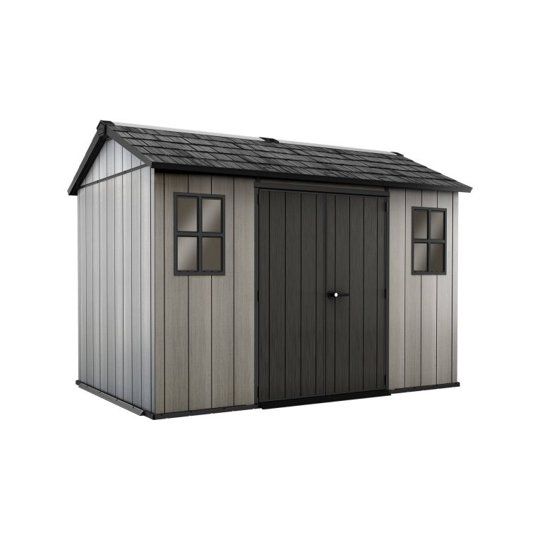 Casetta da Giardino Grigio Nero Resistente Agli Agenti Atmosferici Presenza Finestre 350x229x254h cm, Tetto a due Falde - Dartmouth
