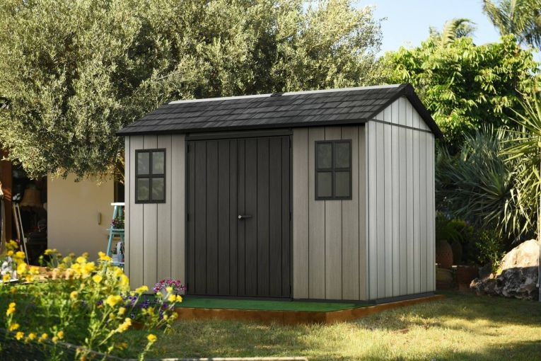 Casetta da Giardino Grigio Nero Resistente Agli Agenti Atmosferici Presenza Finestre 350x229x254h cm, Tetto a due Falde - Dartmouth
