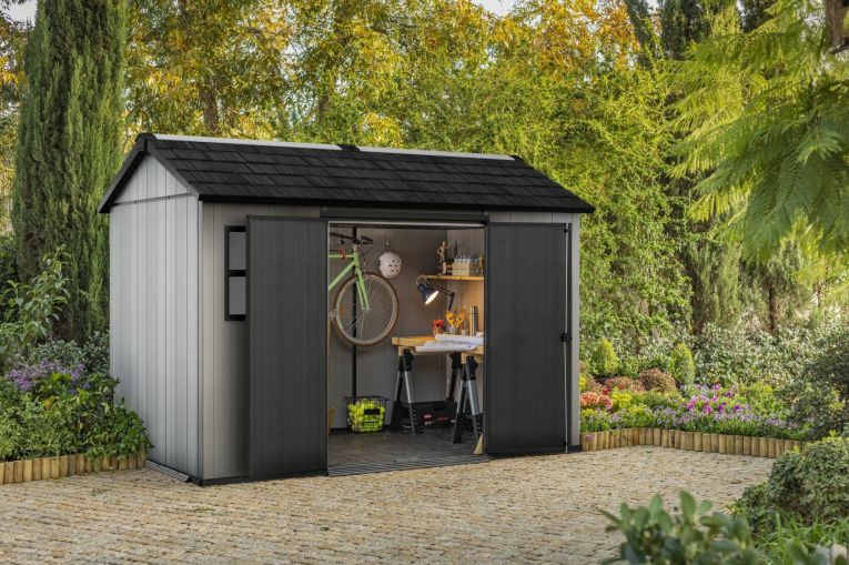 Casetta da Giardino Grigio Nero Resistente Agli Agenti Atmosferici Presenza Finestre 350x229x254h cm, Tetto a due Falde - Dartmouth