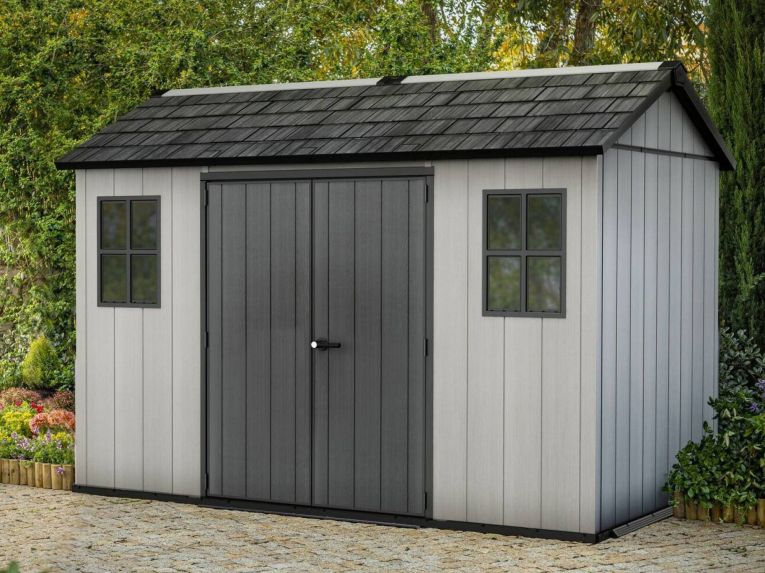 Casetta da Giardino Grigio Nero Resistente Agli Agenti Atmosferici Presenza Finestre 350x229x254h cm, Tetto a due Falde - Dartmouth