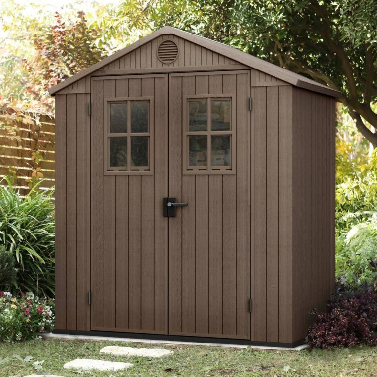 Casetta da Giardino Marrone Nero Resistente Agli Agenti Atmosferici Presenza Finestre 190x122x221h cm, Tetto a due Falde - Shawano