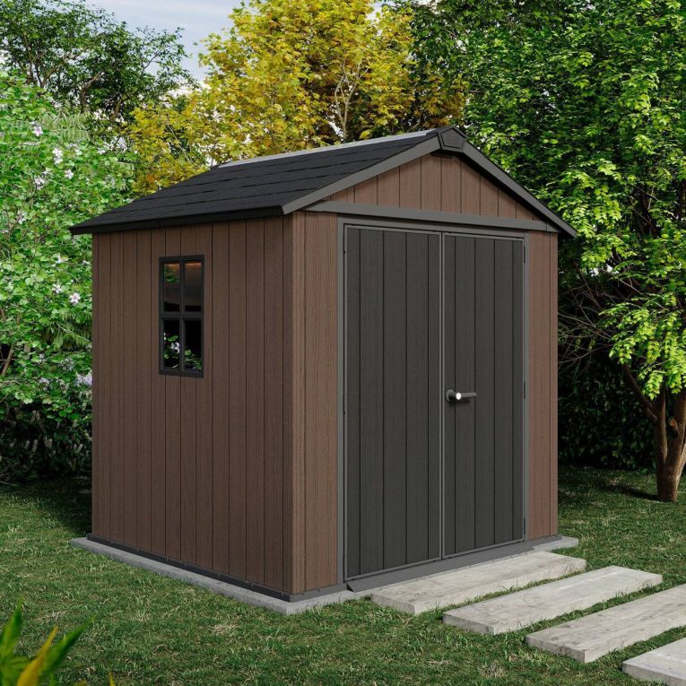 Casetta da Giardino Marrone Nero Resistente Agli Agenti Atmosferici Presenza Finestre 230x224x246h cm, Tetto a due Falde - Oneonta
